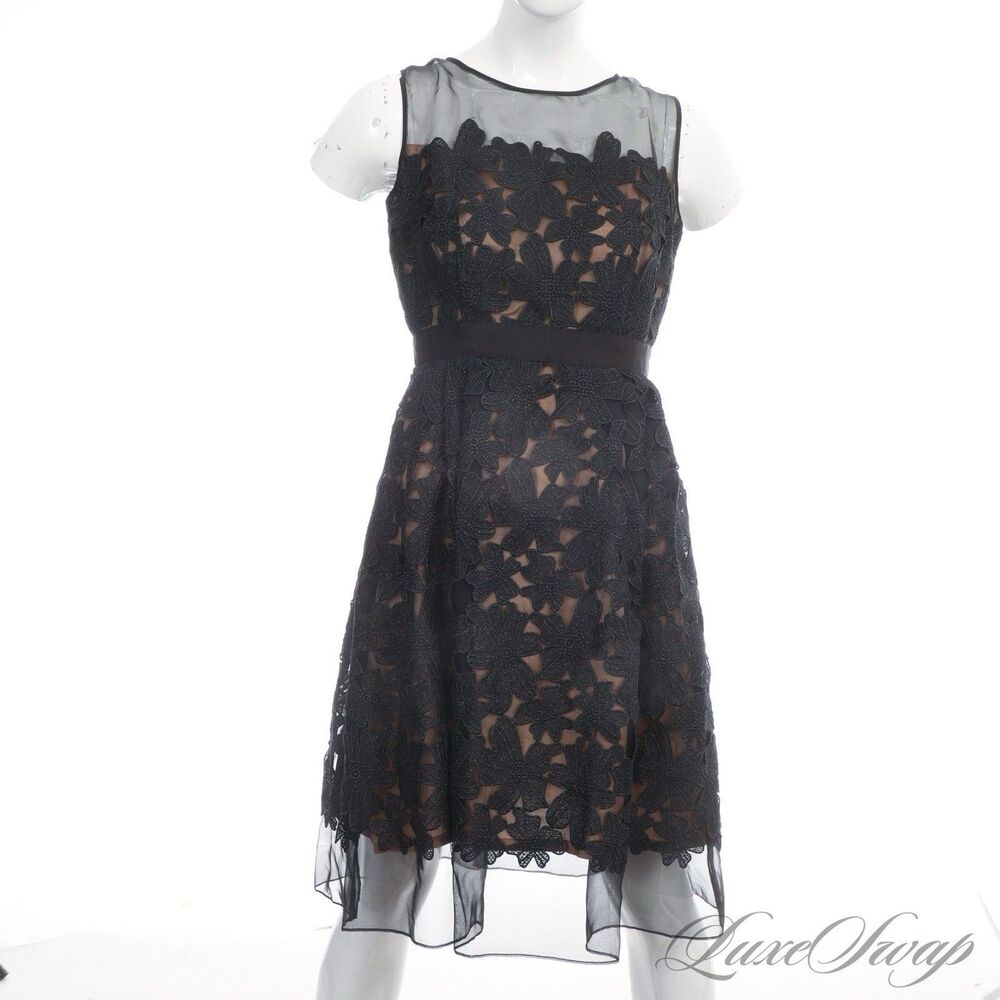 Carmen Marc Valvo Near Mint Sparkly Black Embroidered Lace Dress Size 4